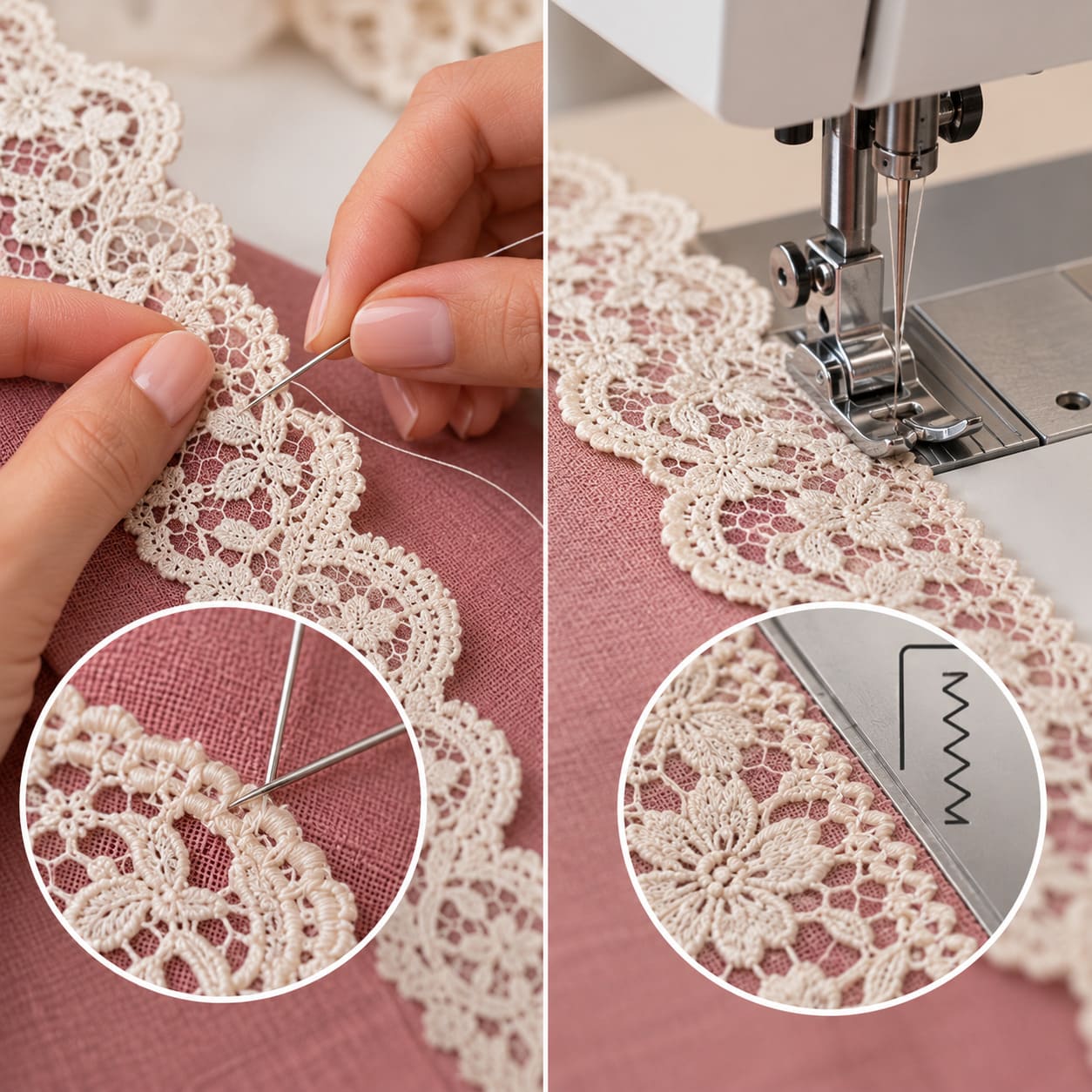 Sewing machine stitching floral lace trim onto pink fabric